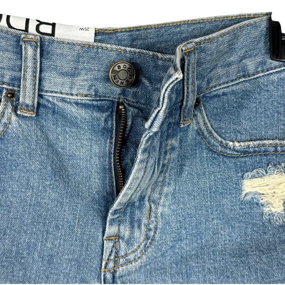 BDG UO SZ 25W Girlfriend Jean Shorts Hi-Rise Zip-Fly Distressed Frayed Hem Blue - Picture 2 of 6